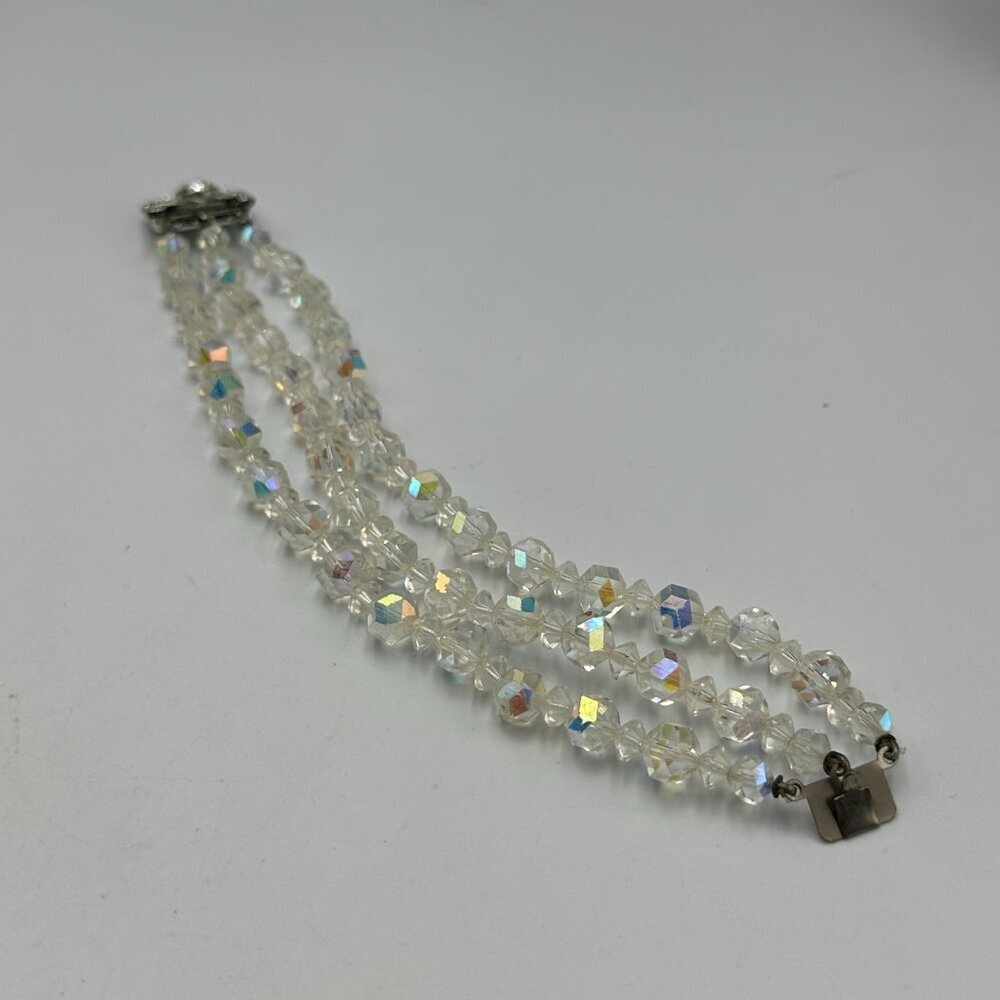 Vintage Aurora Borealis Glass Bracelet Multi Strand Clear Crystal Beads Art Deco - Picture 10 of 12
